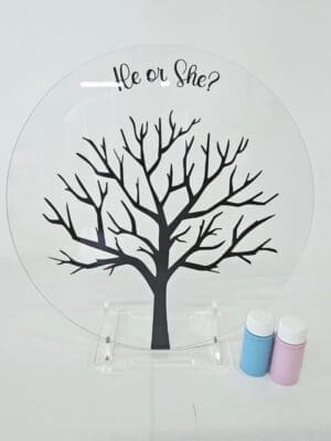 UV Direct Print : Baby He or She Reveal 30cm Acrylic Disc with UV Black Tree Print, Clear Stand & Paint