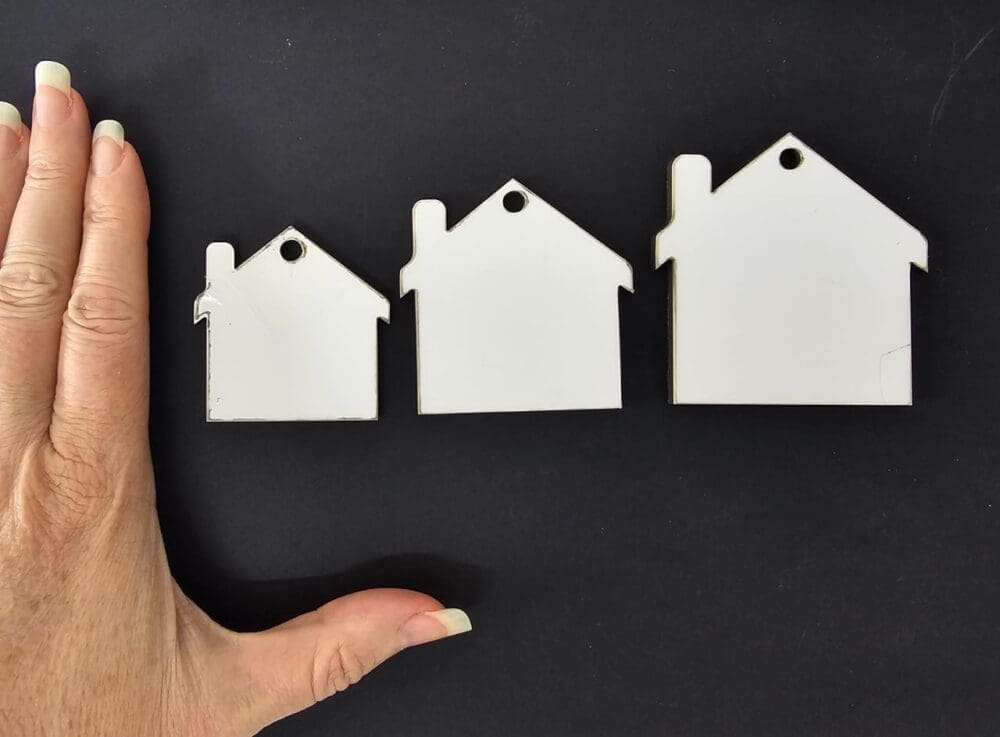 Laser Sublimation Blanks : Glossy MDF 3mm Single or Double Sided Sublimation House Keychain with split keyring & clip (S, M, L)