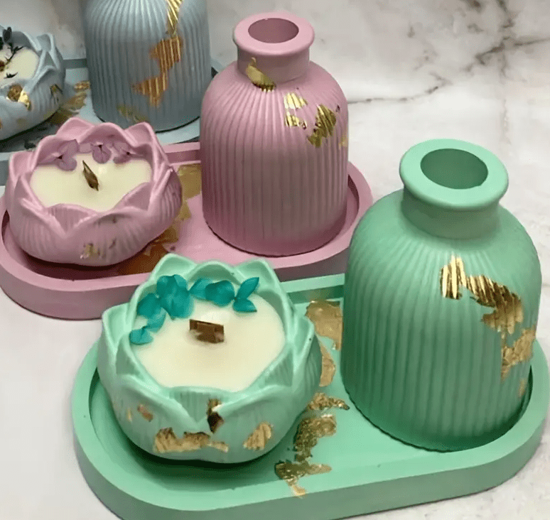 3pcs Silicone Mold Set for DIY Crafts - Versatile Trays, Vases & Candle Holders3 Resin & Epoxy : 3 Piece Tray, Candle Jar, Vase [Code TU184_C) + Casting Support Jig for the Vase mould