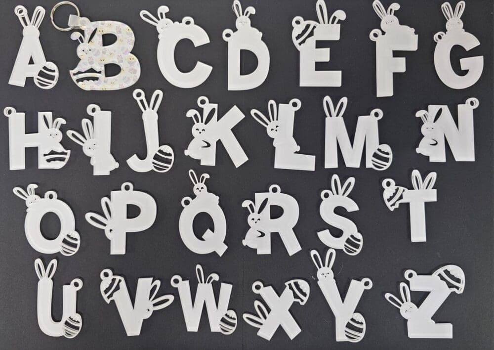 Laser Sublimation Blanks : 3 or 4mm Easter Alpha Subli-Acrylic Keychain (A to Z) with split keyring & clip