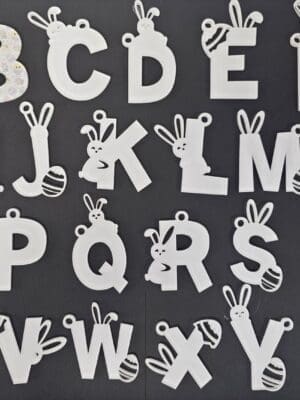Easter Alpha a to z Laser Sublimation Blanks : 3 or 4mm Easter Alpha Subli-Acrylic Keychain (A to Z) with split keyring & clip