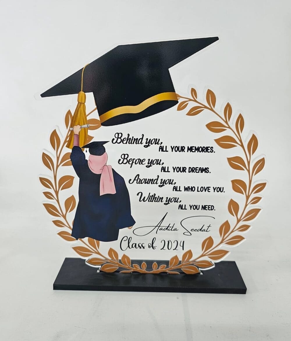 Graduation Acylic Wreath4 3D UV Prints : Direct to Acrylic Clear Various Graduation Wreath & Hat Plaque with 6mm Black Melamine Stand (Option 4)