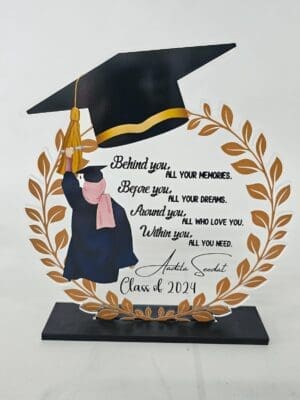 3D UV Prints : Direct to Acrylic Clear Various Graduation Wreath & Hat Plaque with 6mm Black Melamine Stand (Option 4)