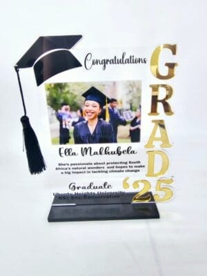 3D UV Prints : Direct to Acrylic 3mm Clear Graduation with Grad Year in Gold Mirror, Hat with Black Tassel & 6mm Black Melamine Stand (Option 1)