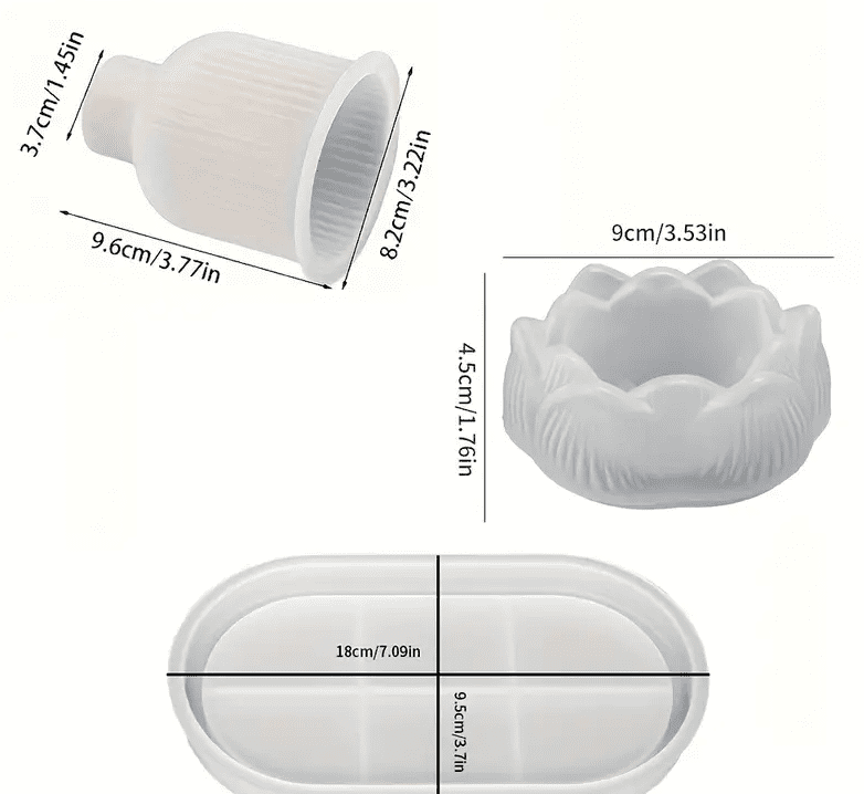 pcs Silicone Mold Set for DIY Crafts - Versatile Trays, Vases & Candle Holders4 Resin & Epoxy : 3 Piece Tray, Candle Jar, Vase [Code TU184_C) + Casting Support Jig for the Vase mould