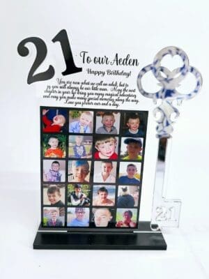 21stPlaque 3D UV Prints : Direct to Acrylic 3mm Clear 21st Plaque with Key in Gold or Silver Mirror & Black 21 with 6mm Black Melamine Stand (Option 1)