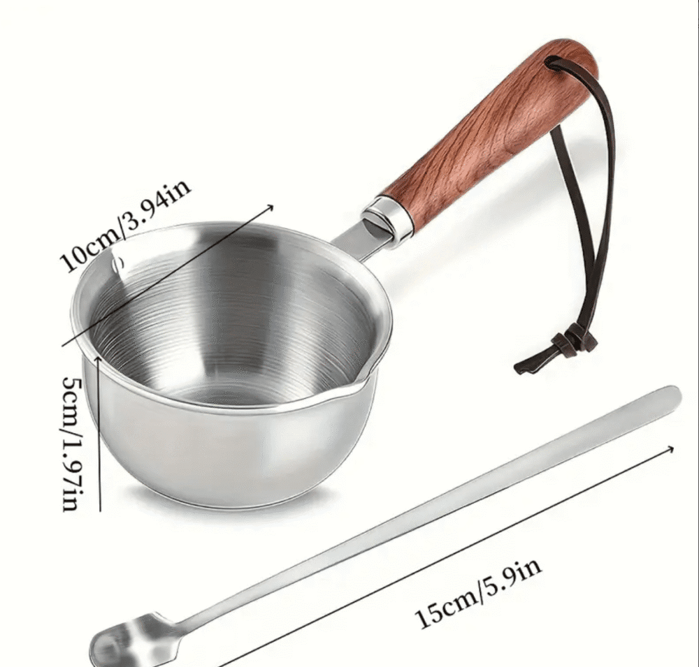 Arts & Crafts : 300ml Stainless Steel Measuring Cup or small Melting Pot with Wooden Handle (Includes Spoon)