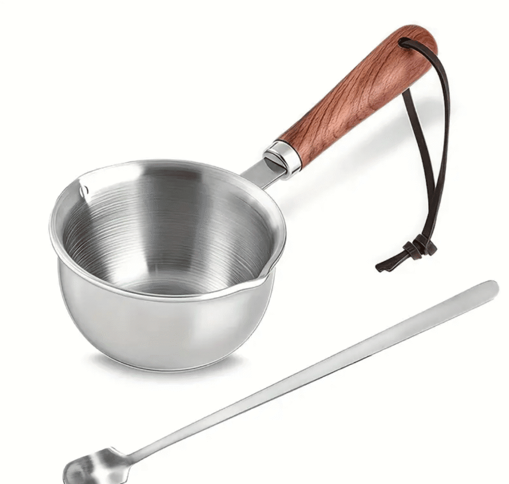 Arts & Crafts : 300ml Stainless Steel Measuring Cup or small Melting Pot with Wooden Handle (Includes Spoon)