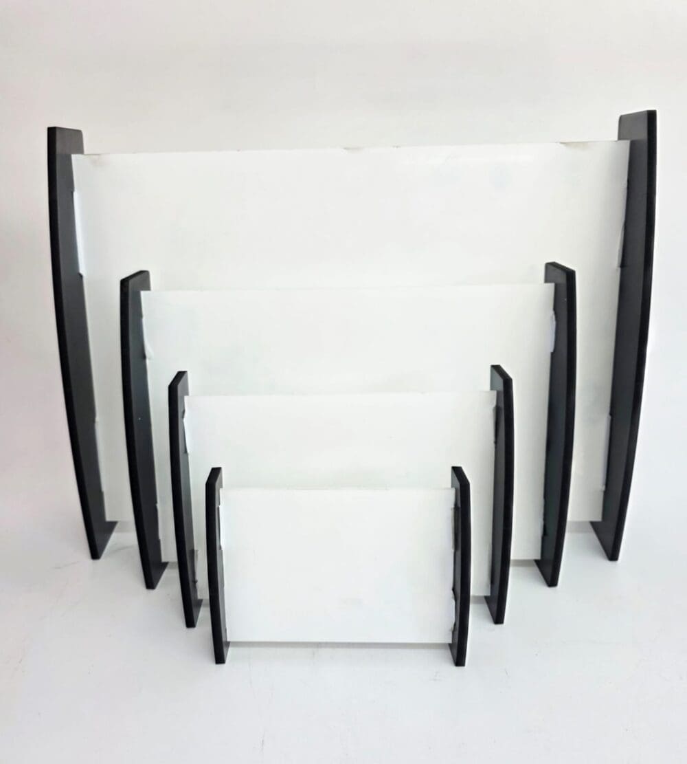 Laser Blanks : 3mm CLEAR Acrylic Boards with Curved 6mm Black Melamine Sides (Portrait and Landscape)