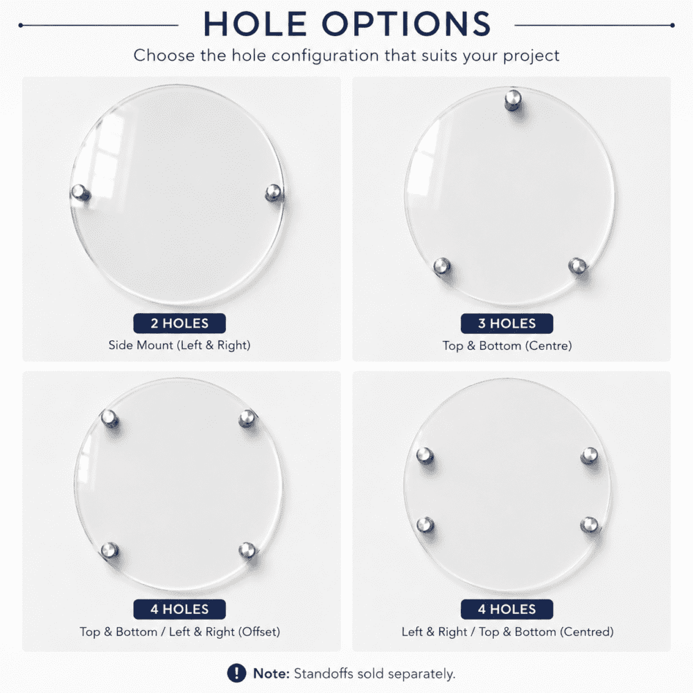 StandoffHoles_All 3D UV Prints : Direct to 3mm Acrylic Clear Various Circle/Discs 20 to 60cm (with or without Standoffs)