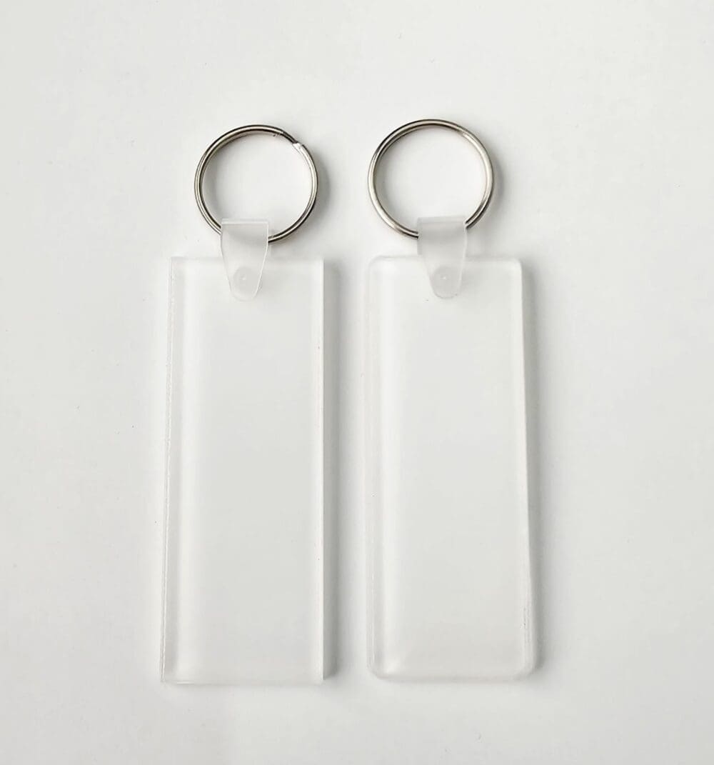Laser Sublimation Blanks : 3 or 4mm RECTANGLE Subli-Acrylic, Keychain + with split keyring & clip (3 by 8cm)
