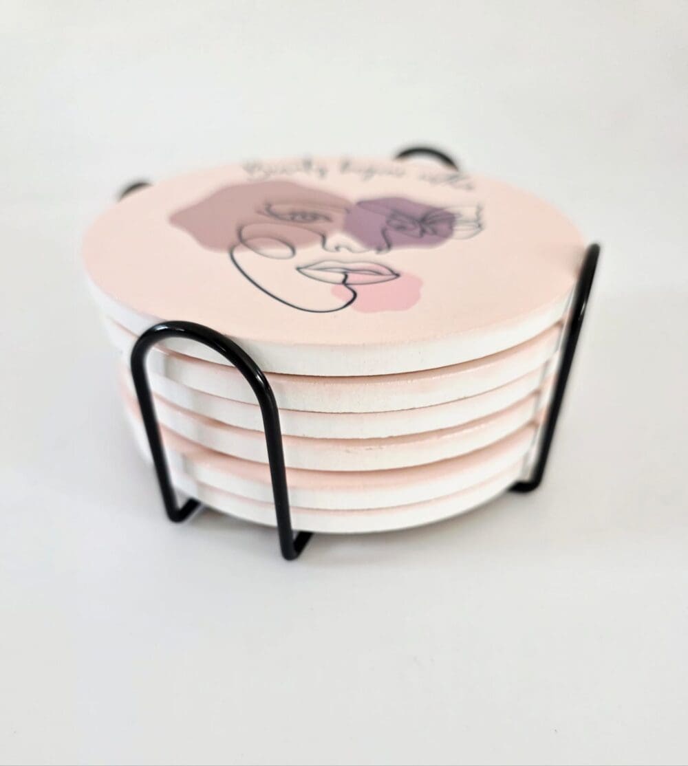 Personalised Gifting : Round Ceramic 6 Piece Coaster Set with Abstract Elegant Lady, "Beauty beings within"