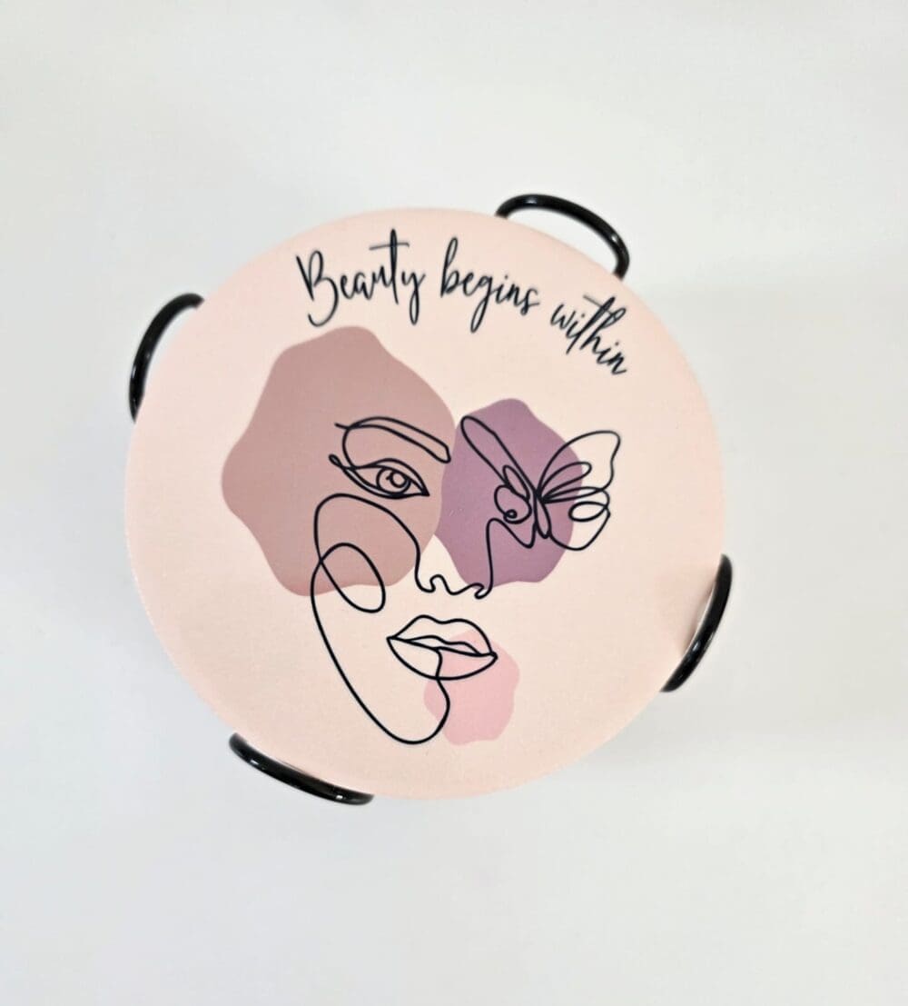 Personalised Gifting : Round Ceramic 6 Piece Coaster Set with Abstract Elegant Lady, "Beauty beings within"