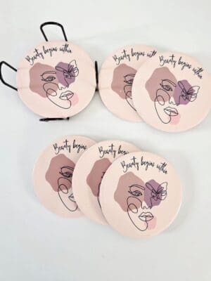 Personalised Gifting : Round Ceramic 6 Piece Coaster Set with Abstract Elegant Lady, "Beauty beings within"