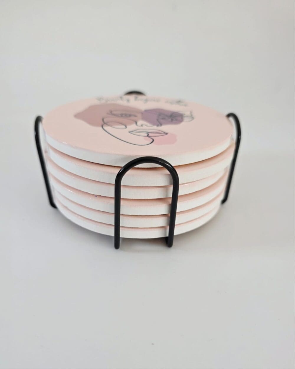 Personalised Gifting : Round Ceramic 6 Piece Coaster Set with Abstract Elegant Lady, "Beauty beings within"