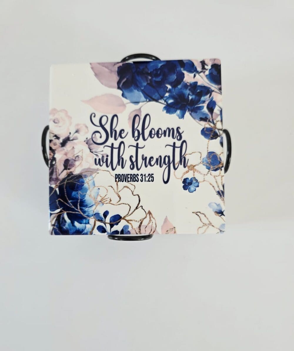 Personalised Gifting : Square Ceramic 6 Piece Coaster Set with theme floral print with "She Blooms with Strength Proverbs 31:25"