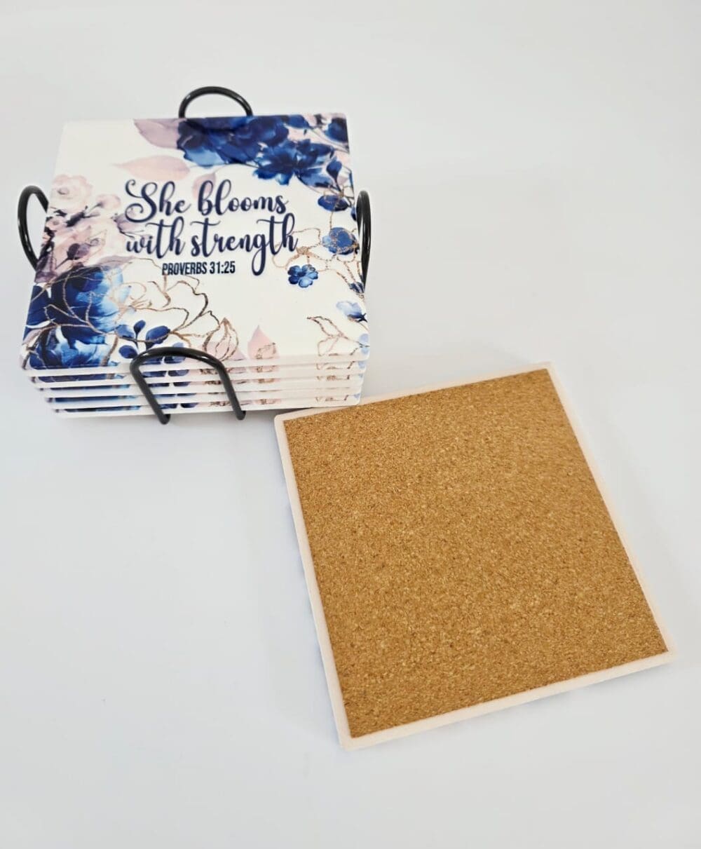 Personalised Gifting : Square Ceramic 6 Piece Coaster Set with theme floral print with "She Blooms with Strength Proverbs 31:25"