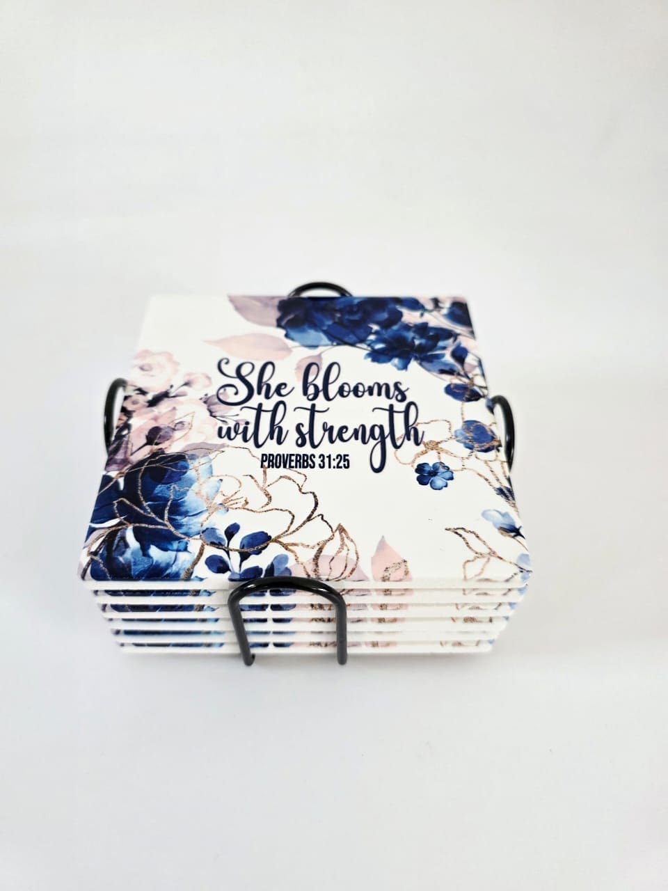 Personalised Gifting : Square Ceramic 6 Piece Coaster Set with theme floral print with "She Blooms with Strength Proverbs 31:25"