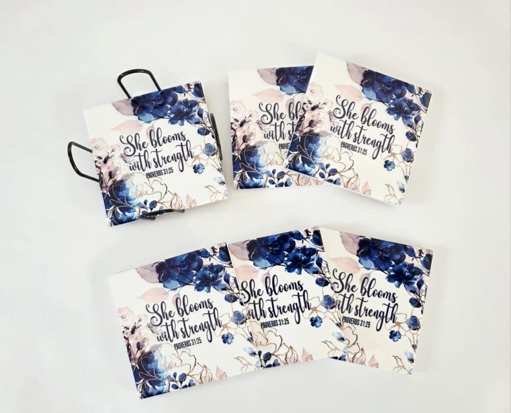Personalised Gifting : Square Ceramic 6 Piece Coaster Set with theme floral print with "She Blooms with Strength Proverbs 31:25"