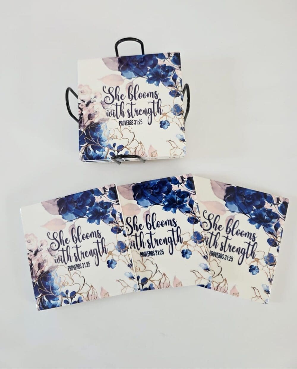 Personalised Gifting : Square Ceramic 6 Piece Coaster Set with theme floral print with "She Blooms with Strength Proverbs 31:25"