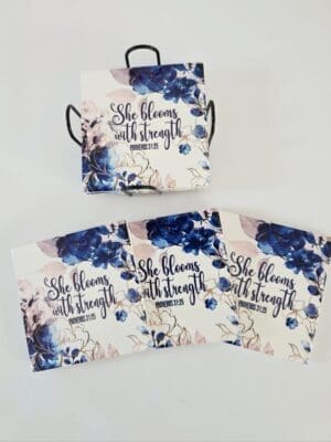 Personalised Gifting : Square Ceramic 6 Piece Coaster Set with theme floral print with "She Blooms with Strength Proverbs 31:25"