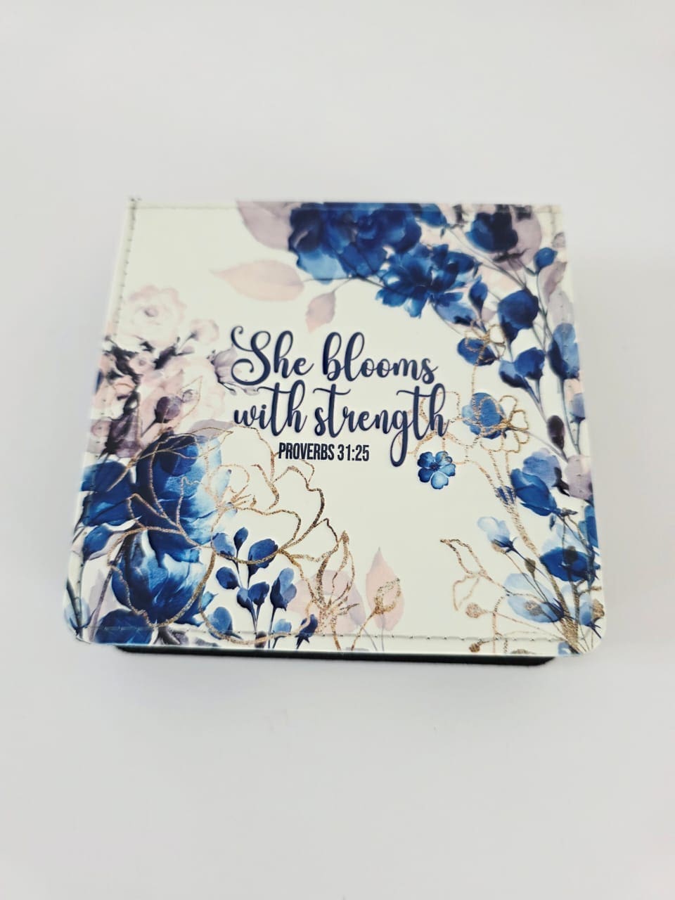 Personalised Gifting : Square PU Leather Memo Pad with theme floral print with "She Blooms with Strength Proverbs 31:25"