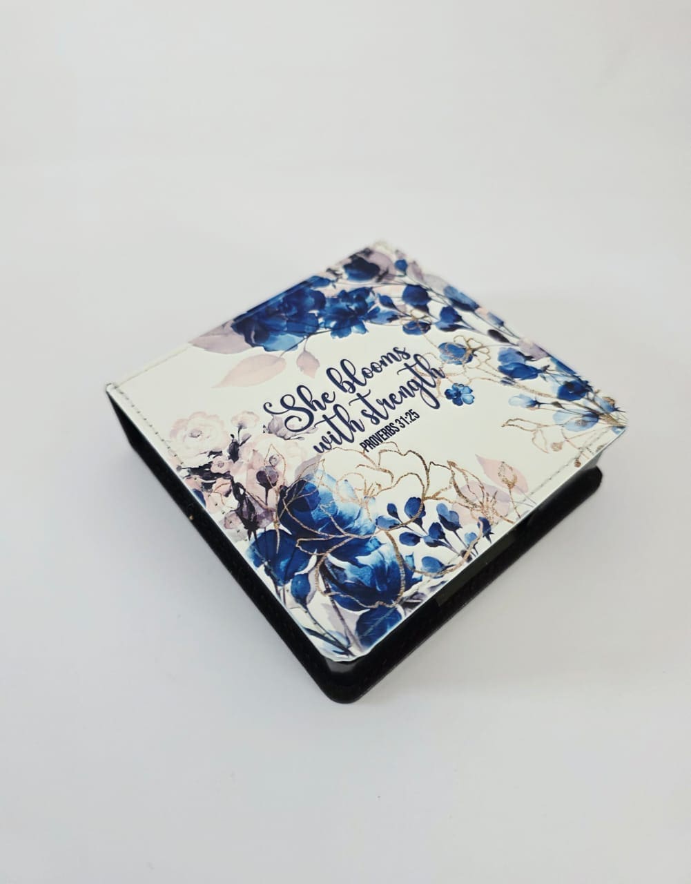 Personalised Gifting : Square PU Leather Memo Pad with theme floral print with "She Blooms with Strength Proverbs 31:25"