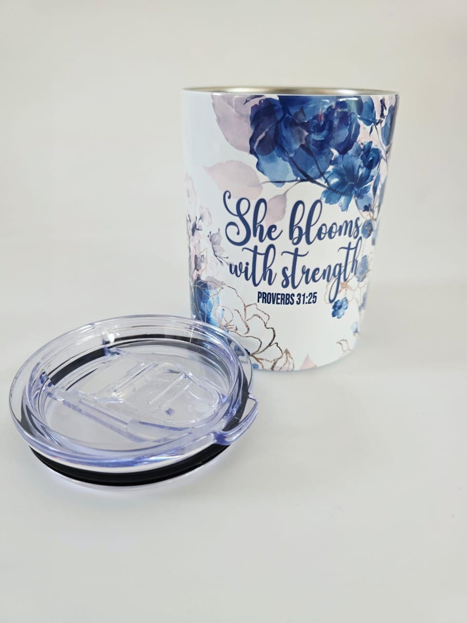 Personalised Gifting : 12oz Tumbler Double Inner Walled & Vacuumed with theme full wrap floral print with "She Blooms with Strength Proverbs 31:25"