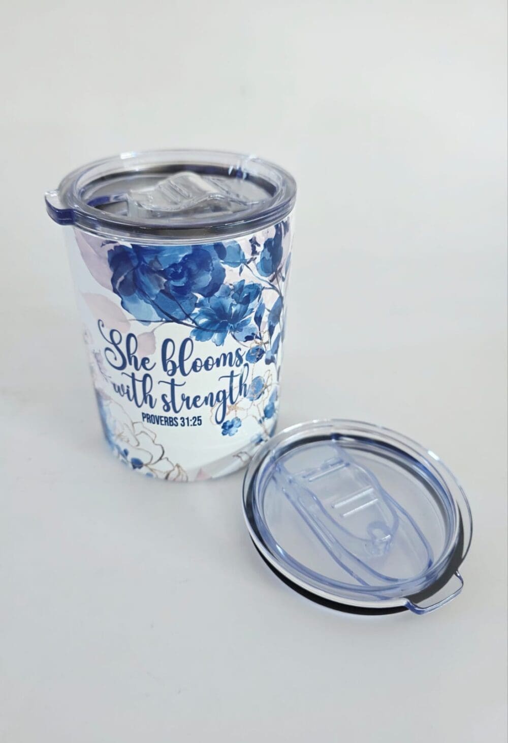 Personalised Gifting : 12oz Tumbler Double Inner Walled & Vacuumed with theme full wrap floral print with "She Blooms with Strength Proverbs 31:25"