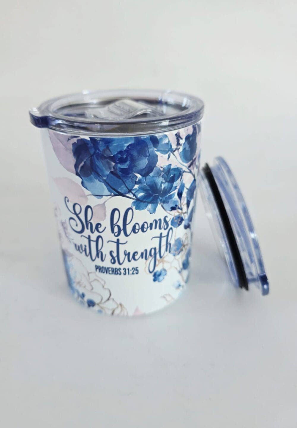 Personalised Gifting : 12oz Tumbler Double Inner Walled & Vacuumed with theme full wrap floral print with "She Blooms with Strength Proverbs 31:25"