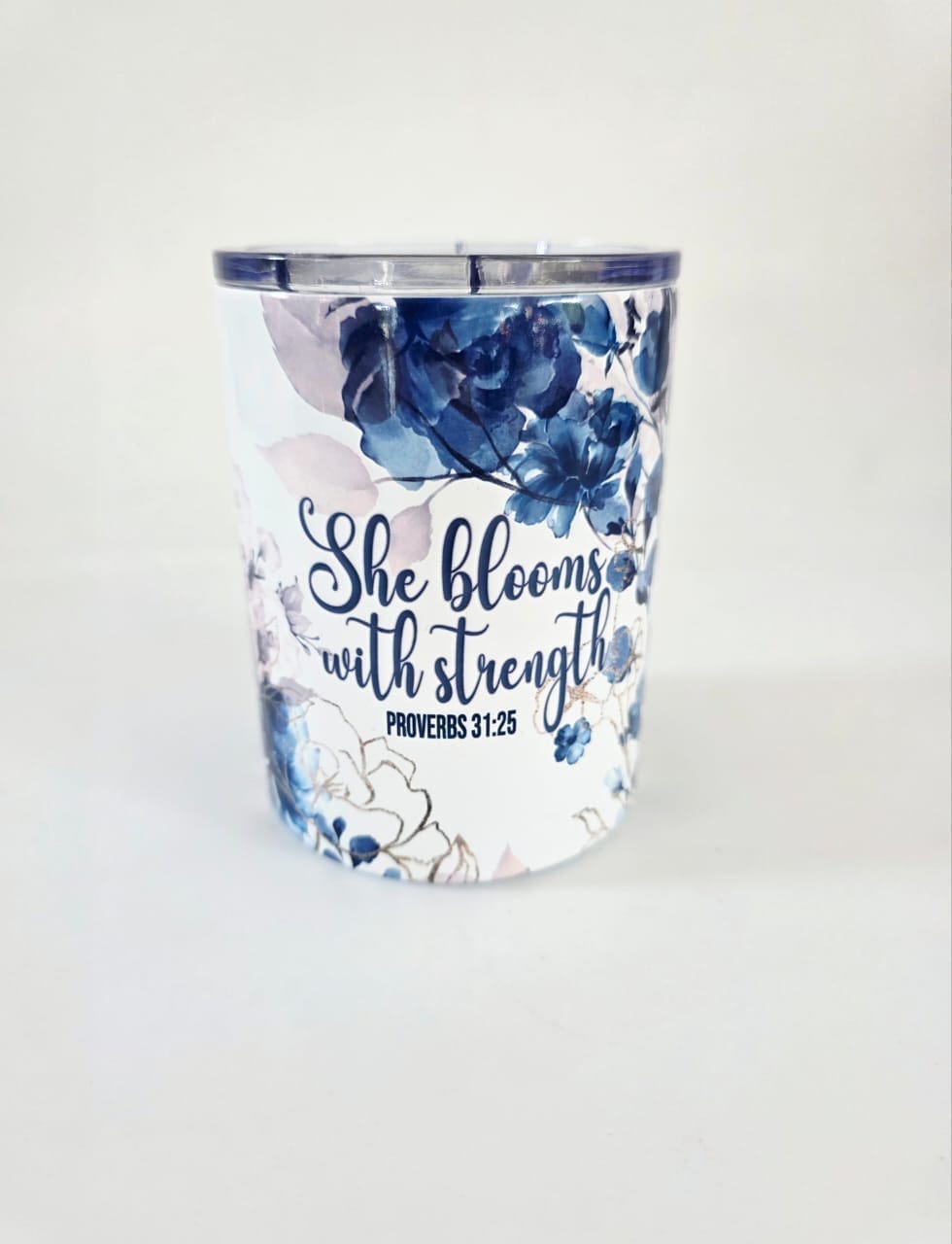 Personalised Gifting : 12oz Tumbler Double Inner Walled & Vacuumed with theme full wrap floral print with "She Blooms with Strength Proverbs 31:25"