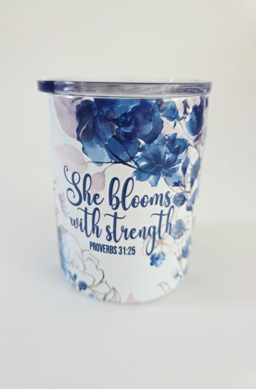 Personalised Gifting : 12oz Tumbler Double Inner Walled & Vacuumed with theme full wrap floral print with "She Blooms with Strength Proverbs 31:25"