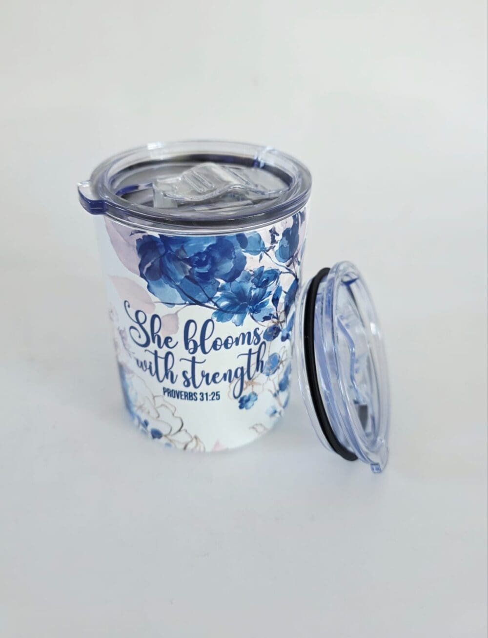 Personalised Gifting : 12oz Tumbler Double Inner Walled & Vacuumed with theme full wrap floral print with "She Blooms with Strength Proverbs 31:25"