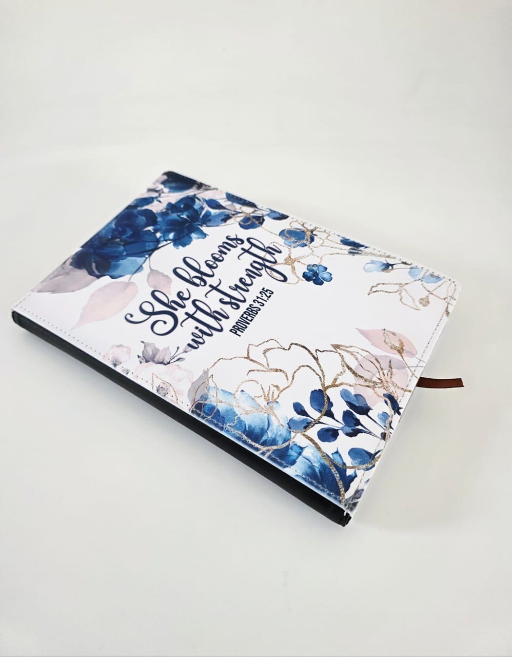 Personalised Gifting : A5 PU Leather Note book with theme floral print with "She Blooms with Strength Proverbs 31:25"