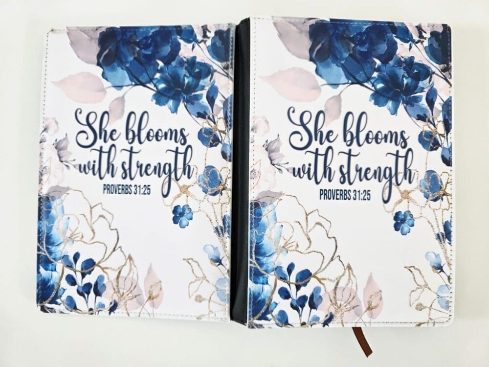 Personalised Gifting : A5 PU Leather Note book with theme floral print with "She Blooms with Strength Proverbs 31:25"