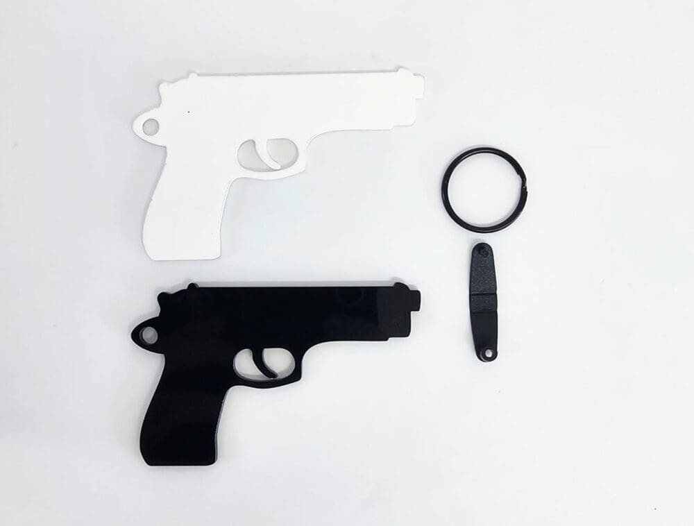 Black and White Gun Keychain Laser Acrylic Shapes : BLACK or WHITE Gun Keychain with split keyring & clip
