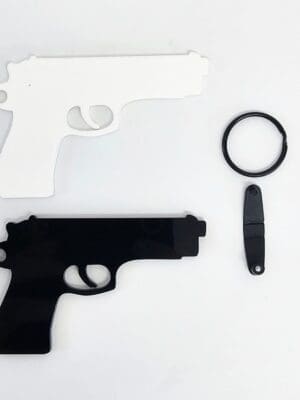 Laser Acrylic Shapes : BLACK or WHITE Gun Keychain with split keyring & clip