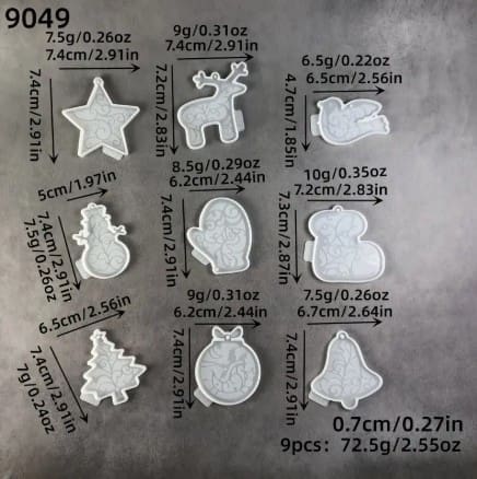 Silicone Mould : Hanging Christmas Ornaments - Set of 9 (Hang_Orn_9Pc)