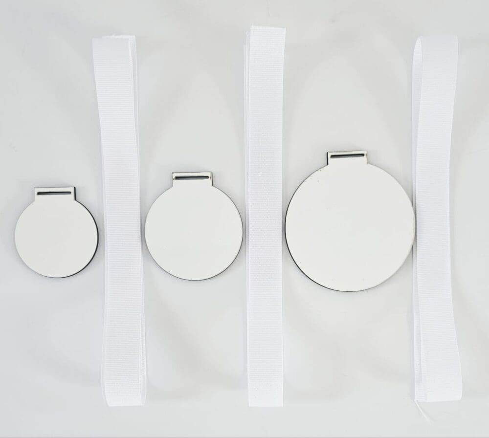 MDF medals with ribbon Laser Sublimation Blanks : Super Gloss Sublimation MDF, 3 & 5, S/S & D/S Medals with Sublimation Ribbon (S, M, L)