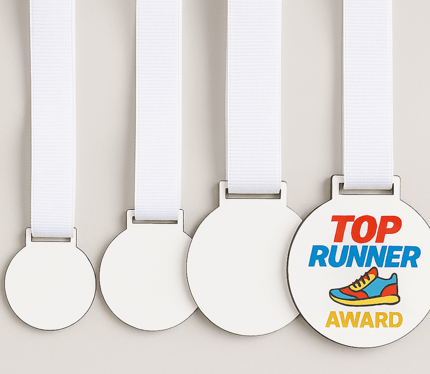 super glossy white Medals2_Small Laser Sublimation Blanks : Super Gloss Sublimation MDF, 3 & 5, S/S & D/S Medals with Sublimation Ribbon (S, M, L)