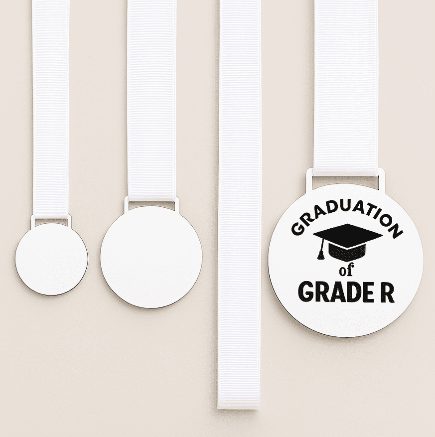 Laser Sublimation Blanks : 2mm White Subli-Lux Medals with Sublimation Ribbon (S, M, L)