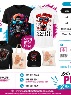 DTF for Textile : Customise your own : A4, A3, 60cm by 50cm & 60cm by 1mtr