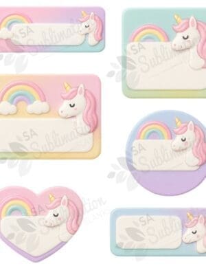 Unicorn Labels 001W Design Corner : 3D Unicorn & Rainbow Designs 001 for Labels (6 Shapes)