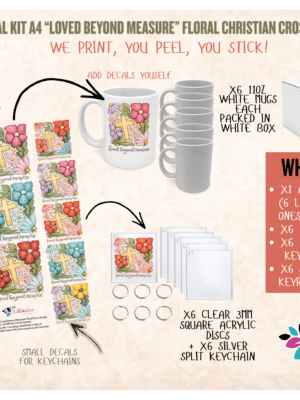3D UV Stickers : DIY Decal Kit A4 “Loved Beyond Measure” Floral Christian Cross Design (LBM) - We Print, You Stick & Seal