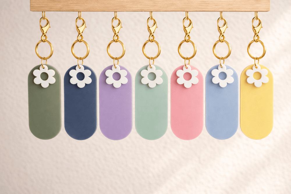 All Colours_keychain Laser Acrylic Shapes : Pastel Acrylic Range : Blank Oval Keychain with White Flower Charm