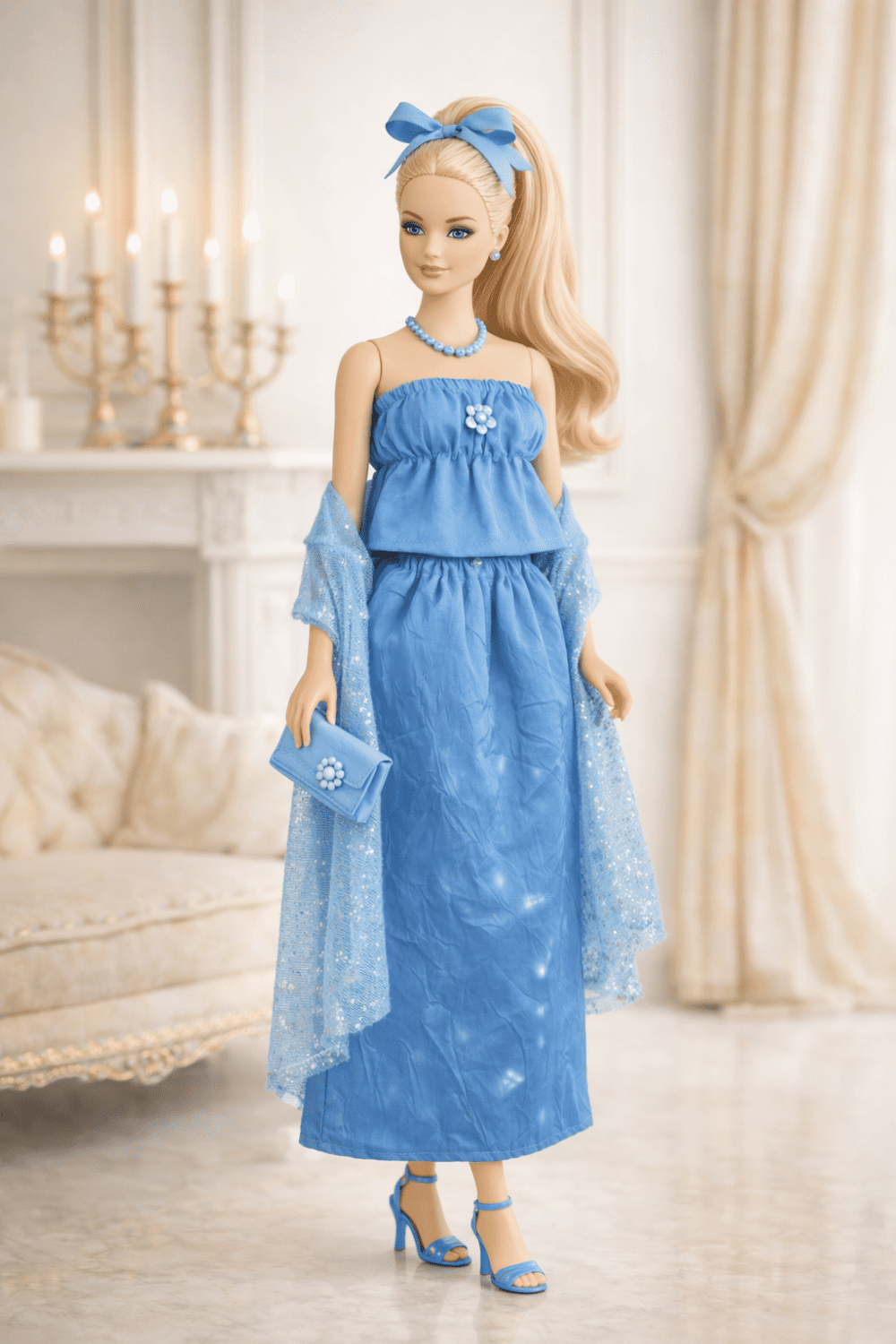 Goosey's Homemade Doll Fashion : Evening Sapphire Glam Set (EVN_6) (Locally crafted. Community‑supporting)