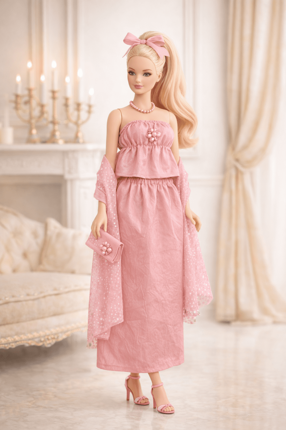Goosey's Homemade Doll Fashion : Evening Pink Blossom Glam Set (EVN_8) (Locally crafted. Community‑supporting)