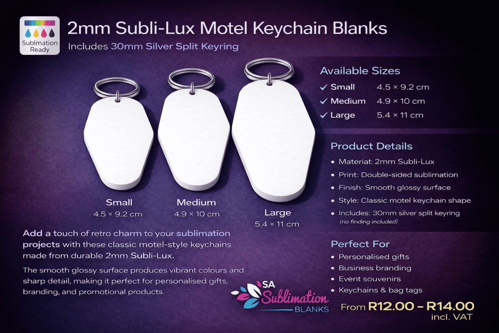 Subli Lux Motel Keychain Flyer Laser Sublimation Blanks : 2mm Subli Lux Motel Keychain + 30mm Silver Split Keyring