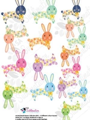 3D UV Stickers : A4 Patchwork Bunny Collection (EB1) – 8 Different Colour Variants