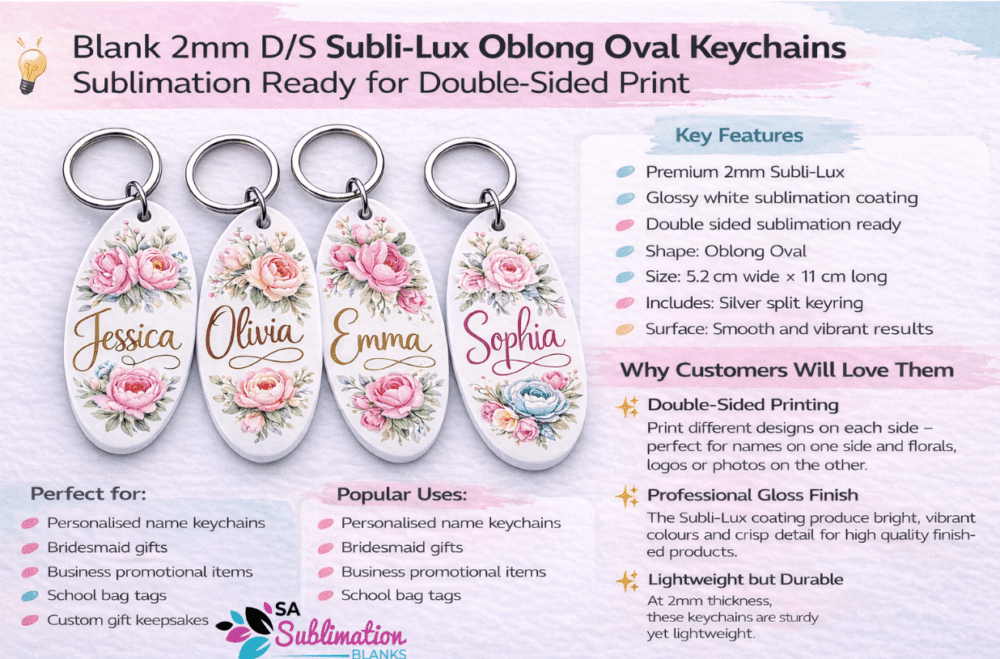 Laser Sublimation Blanks : Blank, 2mm Subli Lux Oblong Oval Keychain + 30mm Silver Split Keyring